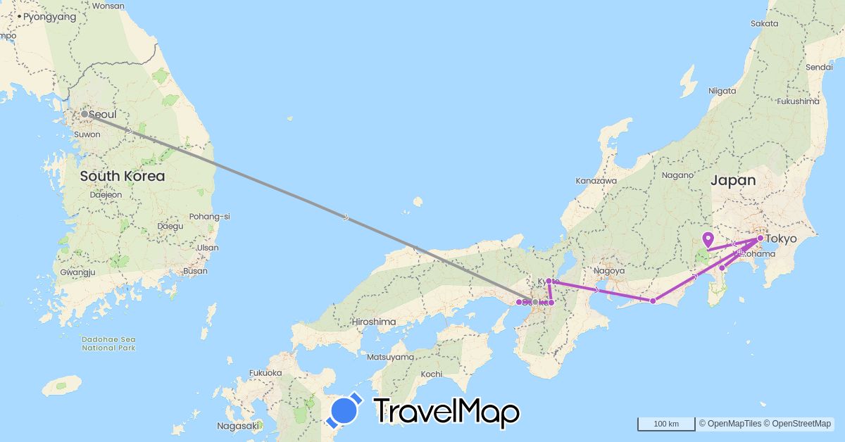 TravelMap itinerary: plane, train in Japan, South Korea (Asia)